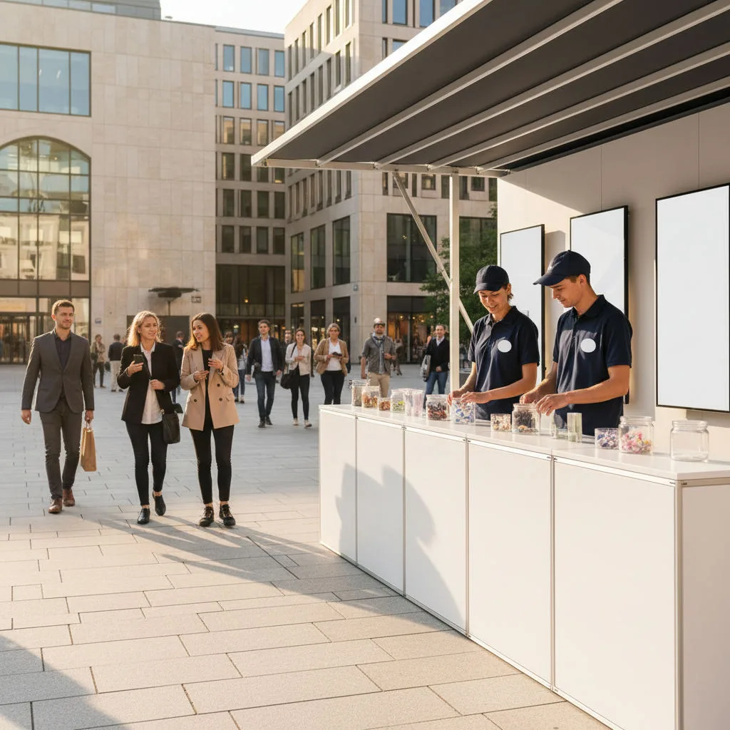 Brand activation roadshow pop-up stand on a city square with two crew members preparing product samples
