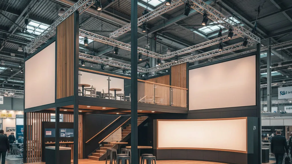Two-storey custom-built exhibition stand with backlit fabric panels, a product wall and an upper meeting deck, lit from an overhead truss in a European trade fair hall