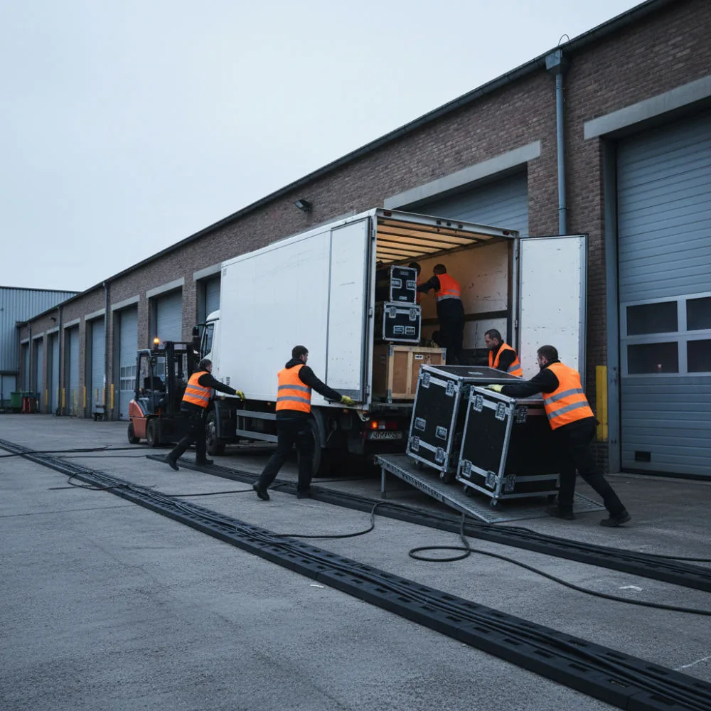 Event crew in high-visibility vests wheeling flight cases and crated equipment into a truck at a venue loading dock