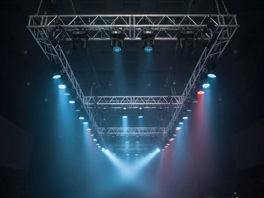 Moving head fixtures and profile lights hanging from an aluminium truss above an event stage, beams cutting through haze