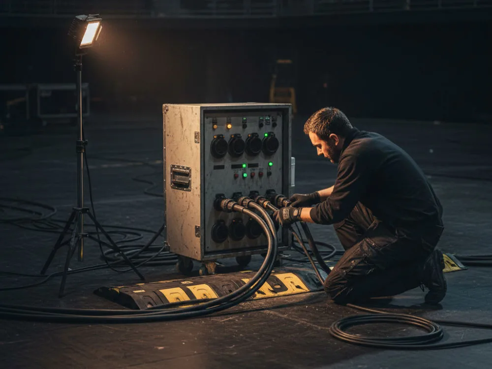 Technician checking a temporary power distribution box with heavy cabling running across the floor during event build-up