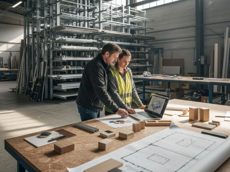 Project manager and stand designer reviewing a three-dimensional stand design on a laptop beside timber and laminate samples, aluminium profiles and a printed floor plan in a stand building workshop