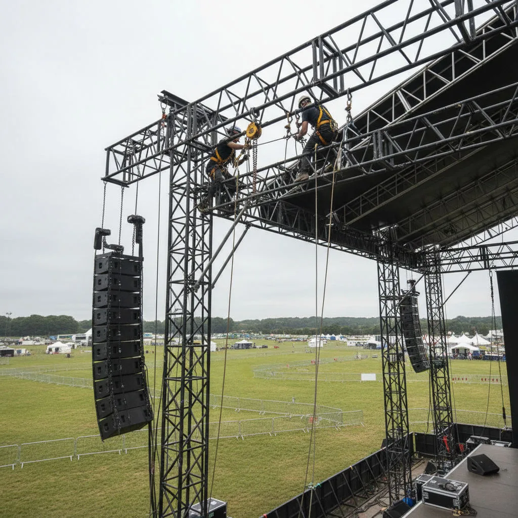 Two riggers in harnesses attaching a chain hoist to the roof truss of an outdoor festival stage