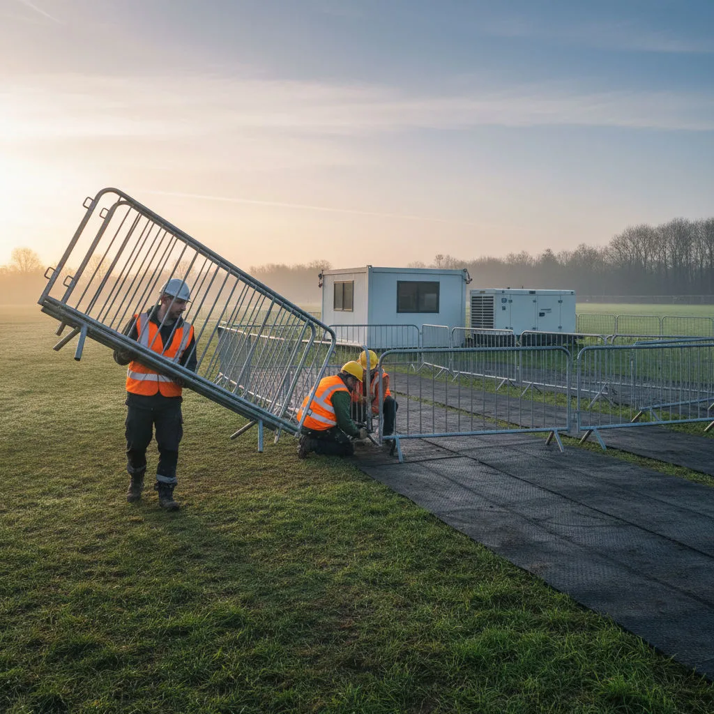 Festival site crew locking together a run of metal crowd barriers across a grass field in the early morning