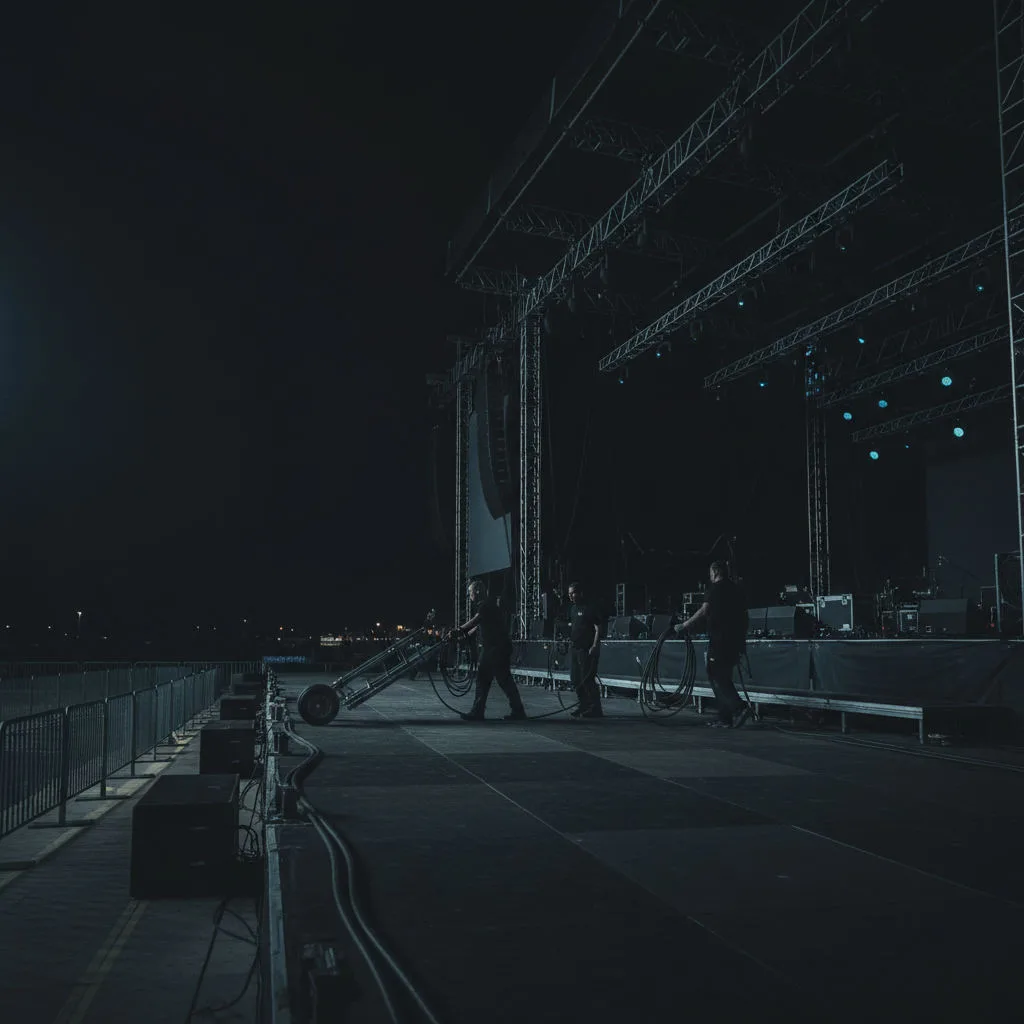 Crew silhouetted in dim blue working light doing a changeover on a festival stage between acts at night