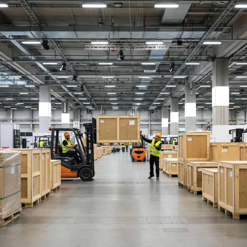 Forklift operator lifting a wooden exhibition crate in a trade fair hall aisle while a colleague guides from a safe distance
