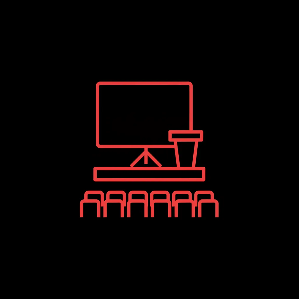 Line icon of a conference stage with a presentation screen, speaker lectern and rows of seats