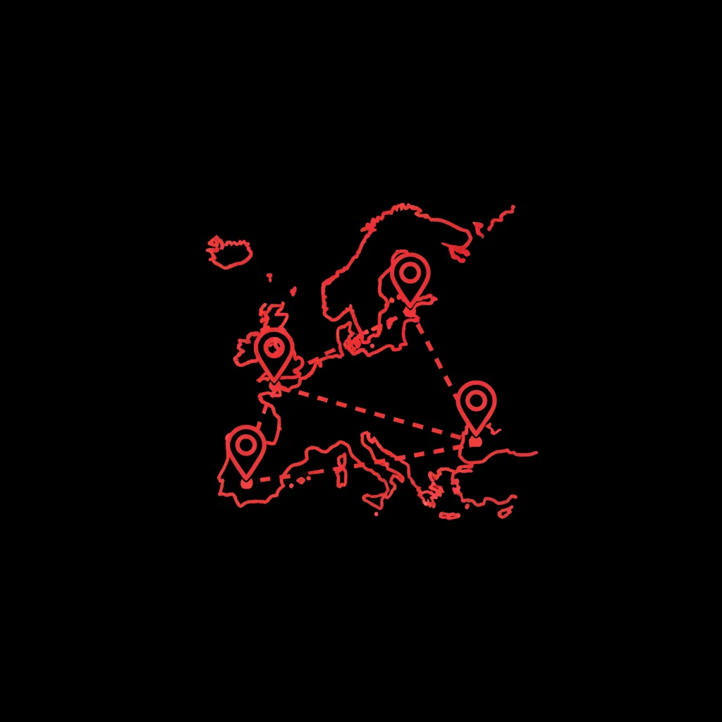 Line icon of the outline of Europe with three map pins connected by a dashed route