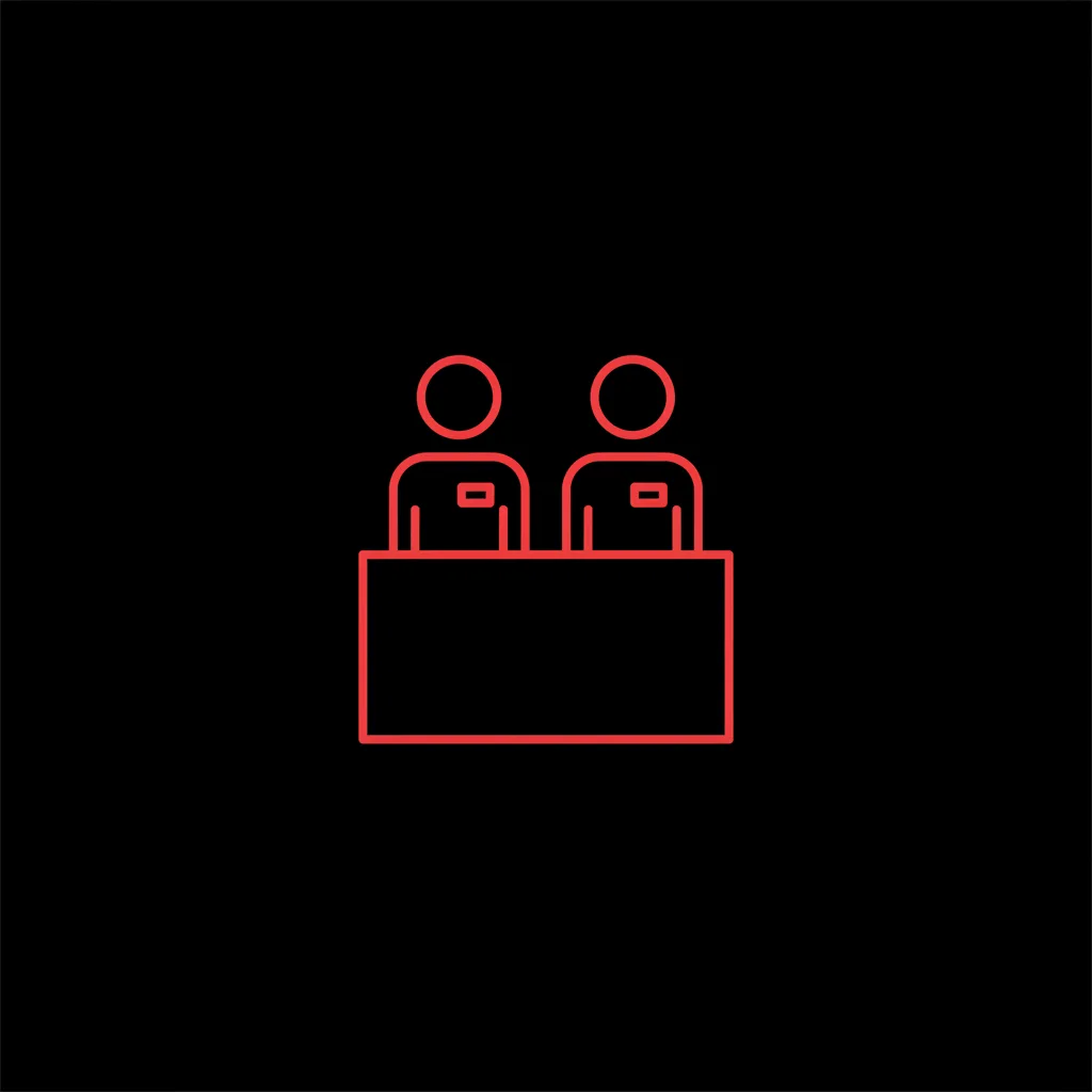 Line icon of two exhibition staff members with name badges behind a reception counter