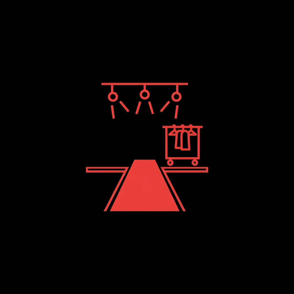 Line icon of a fashion show catwalk with spotlights above and a garment rail at the end