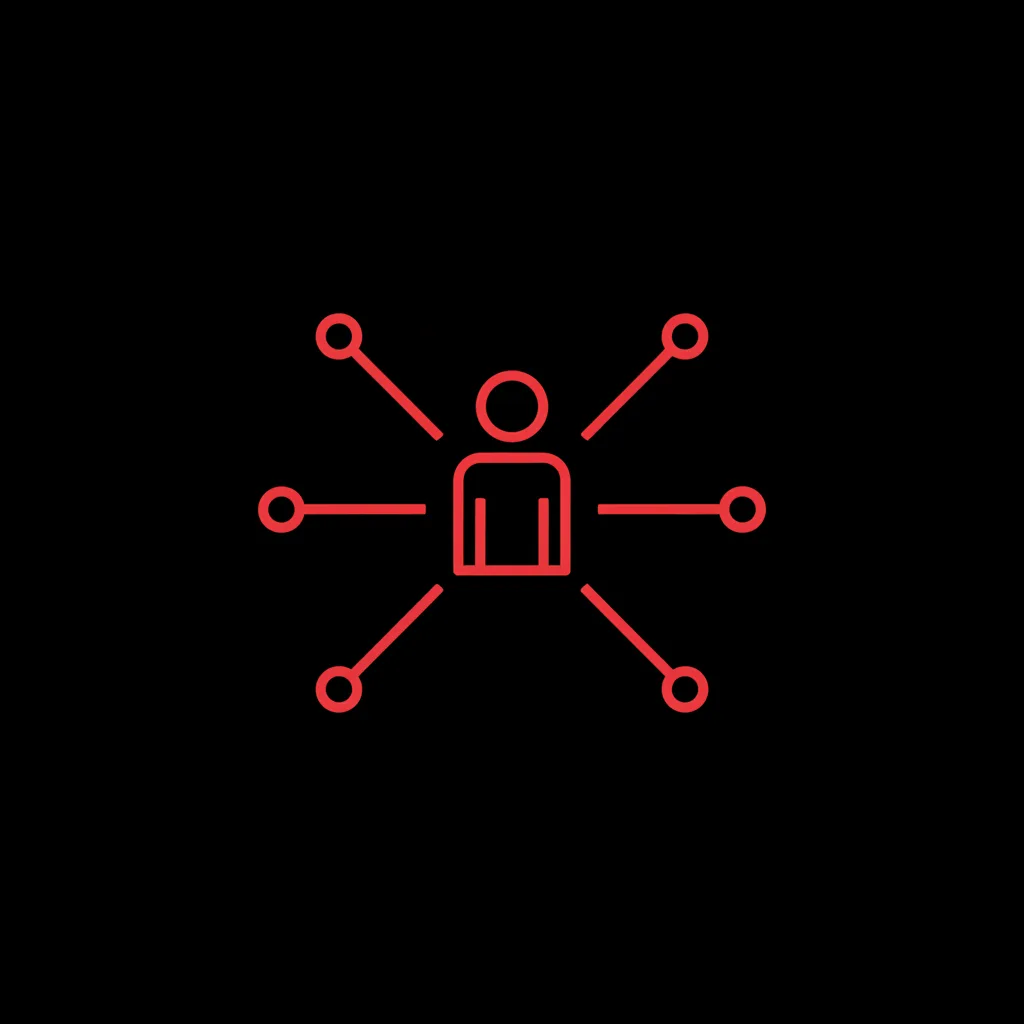 Line icon of a single person figure linked by three lines to three surrounding circles