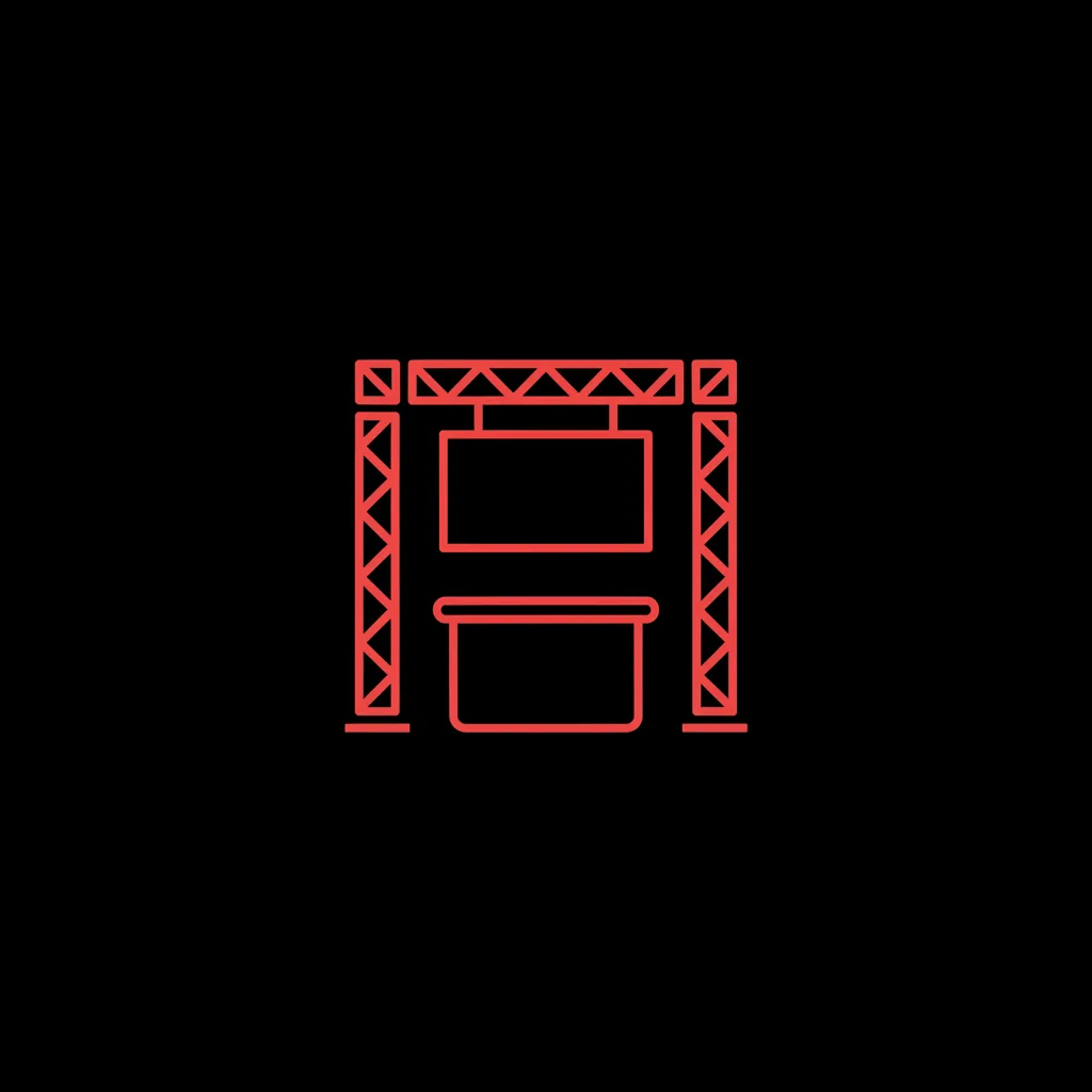 Line icon of a modular exhibition stand with a truss frame, display panel and counter