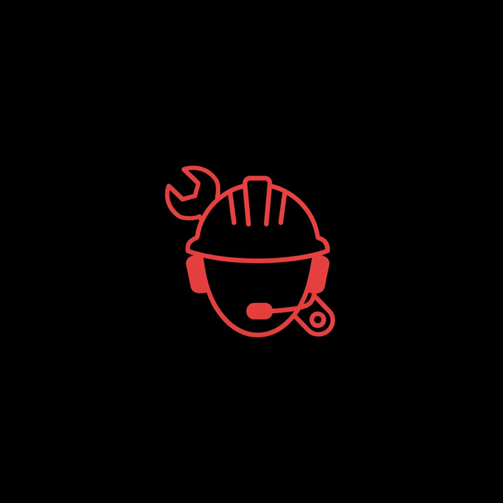 Line icon of a safety helmet with a headset microphone and a spanner behind it