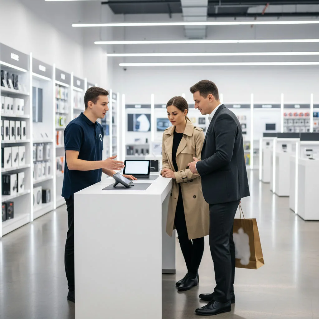 Promotional staff member demonstrating a product to two shoppers at an in-store demo counter
