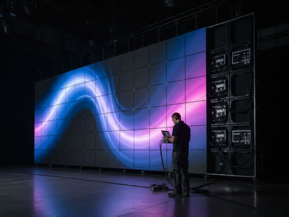 Technician calibrating a modular LED video wall in a dark event hall with several panels still unlit