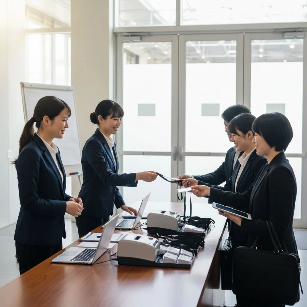 Two event staff handing out name badges and lanyards to visitors at a conference registration desk