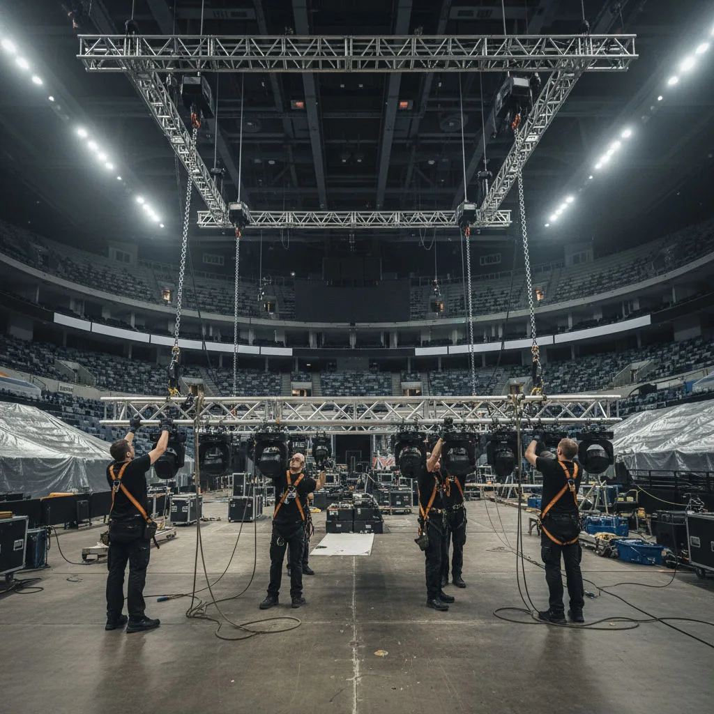 Riggers in safety harnesses attaching moving lights to a truss on a concert build day