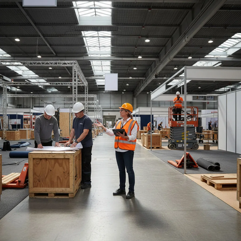 Show floor supervisor with a tablet and radio coordinating two crew members during exhibition hall build-up
