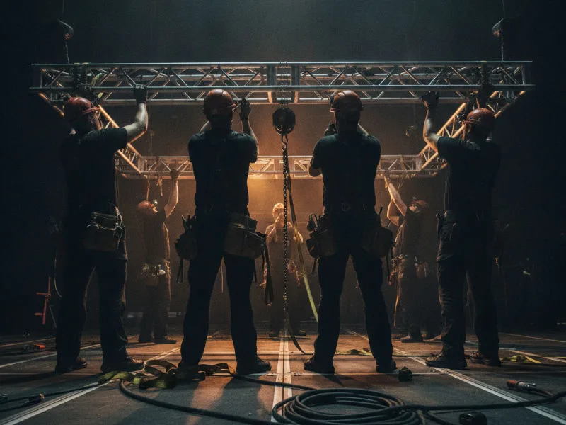 Stagehands and riggers in helmets assembling aluminium truss and attaching a chain hoist above a concert stage