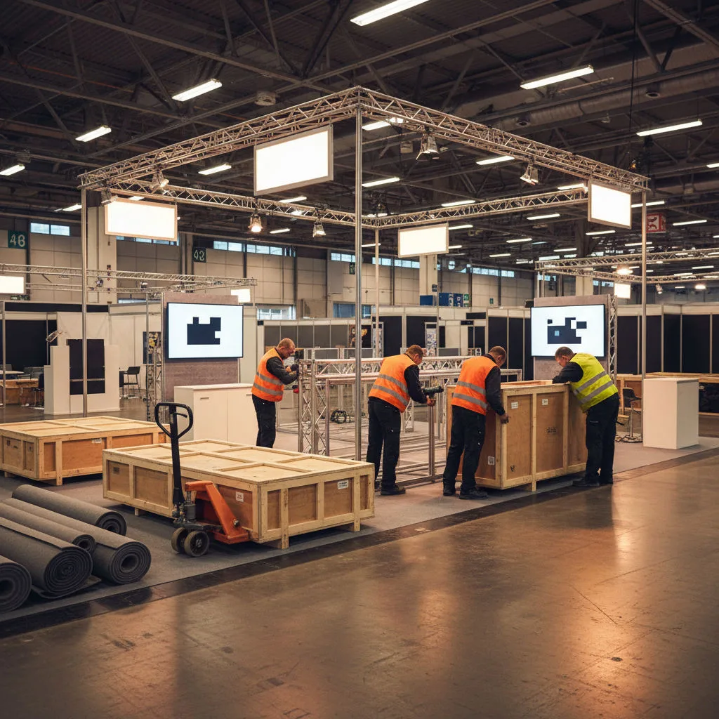 Breakdown crew dismantling an exhibition stand and packing panels into crates in an almost empty hall after a trade fair