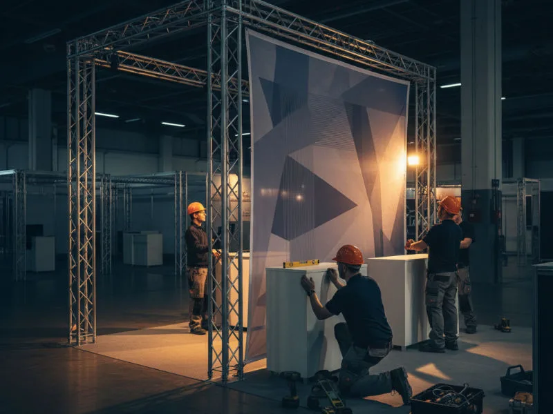 Stand build crew assembling a modular exhibition stand, tensioning printed fabric panels and levelling a counter unit in a trade fair hall