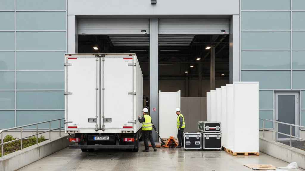 Standpanelen en flightcases worden met een palletwagen uit een bestelwagen gelost bij het laaddock van een beurshal