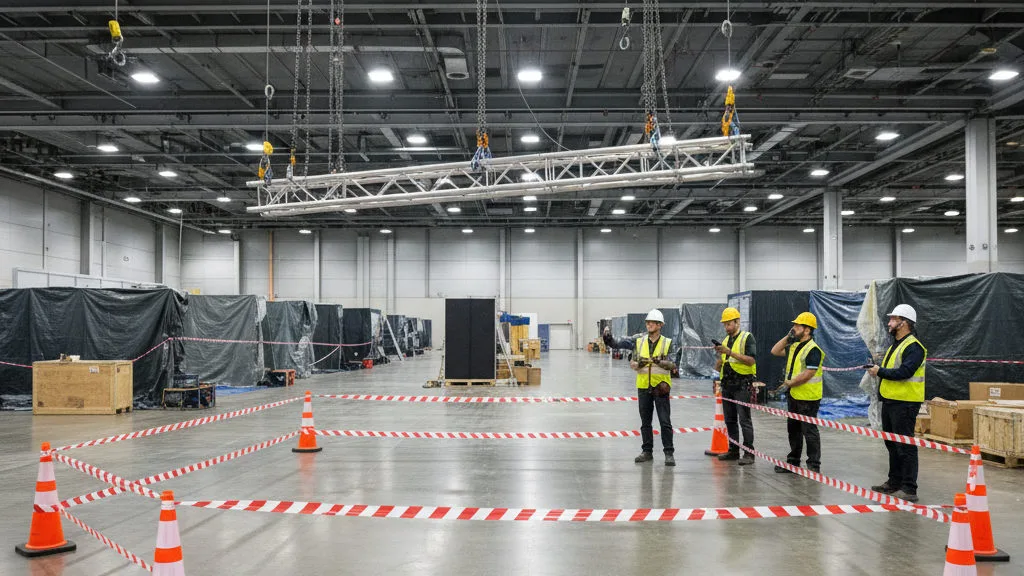 Absperrband zwischen Pylonen markiert den Bereich unter einer Traverse, die an Kettenzügen hochgezogen wird, die Crew steht ausserhalb