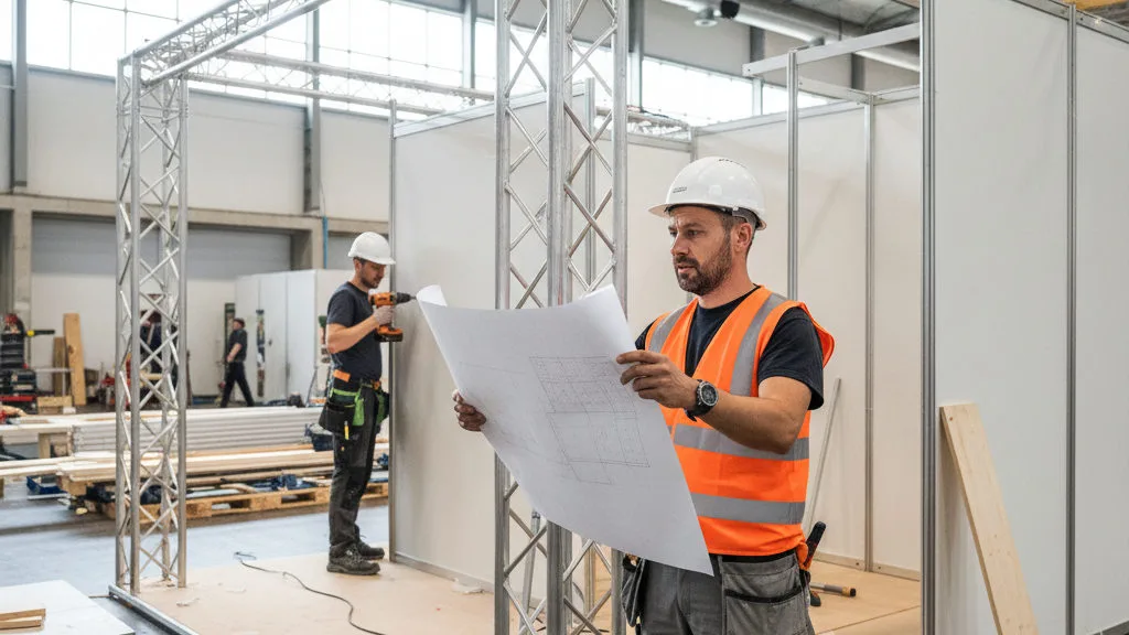 Bauleiter in Arbeitskleidung hält eine Zeichnung gegen einen halb fertigen Messestand und vergleicht sie mit der Konstruktion
