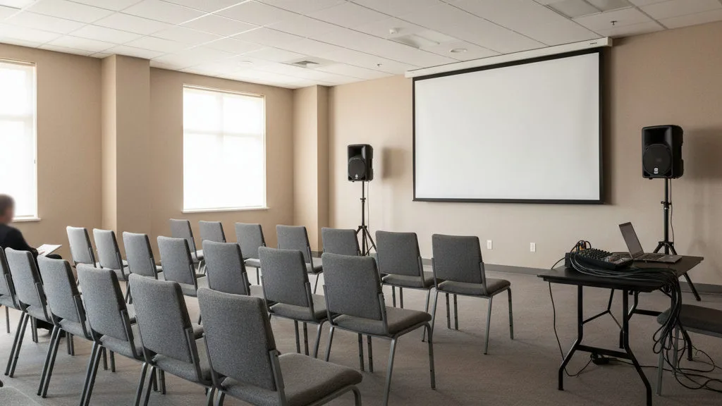 Bedrijfszaal met stoelenrijen gericht op een blanco projectiescherm, met aan de zijkant een techniektafel met mengpaneel, laptop en twee compacte speakers op statief.