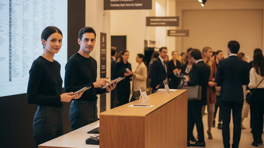 Front-of-house hosts with tablets at a check-in desk as guests arrive at a show venue
