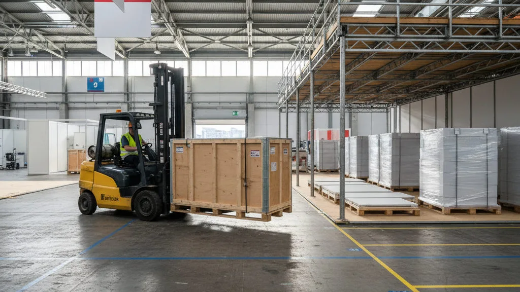 Heftruck verplaatst een zwaar verpakt standonderdeel over de betonvloer van een beurshal tijdens de opbouw