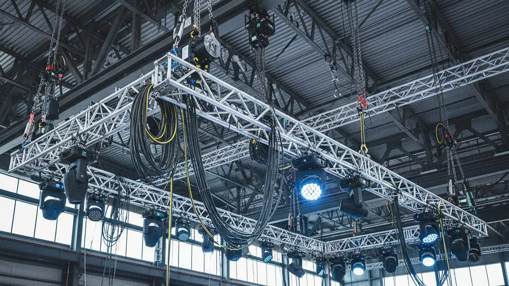 Kettingtakels aan hijspunten in het dak van een beurshal laten een lichttruss zakken boven een stand in aanbouw