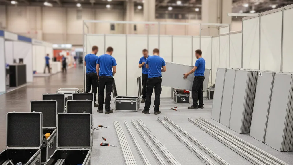 Crew pakt een modulaire beursstand uit genummerde flightcases uit