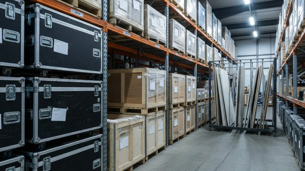 Flightcases en standwanden genummerd opgeslagen in stellingen in een magazijn tussen twee beurzen in
