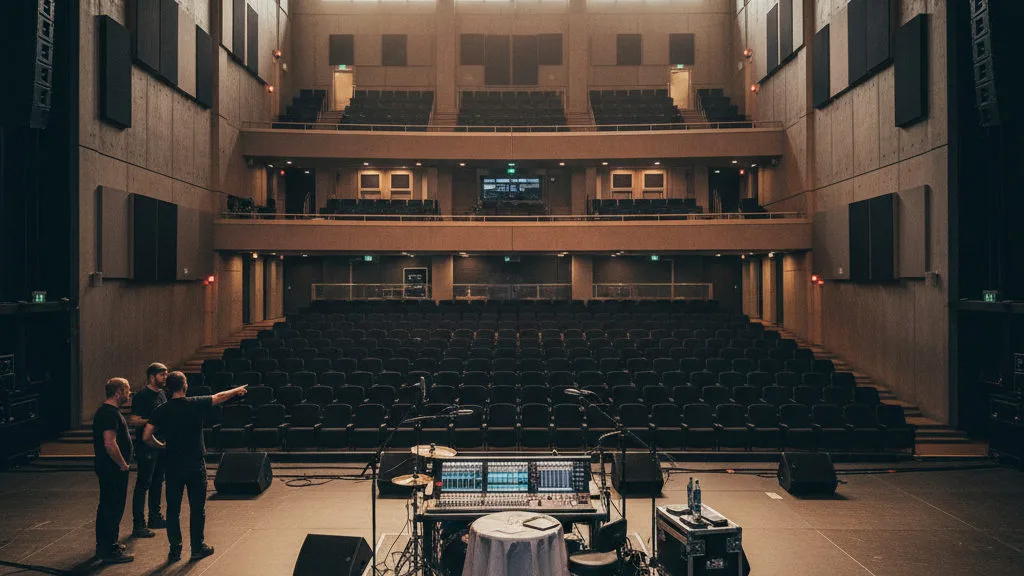 Lege concertzaal tijdens de soundcheck met een kleine ploeg stand-by naast het podium en een mengtafel midden in de zaal