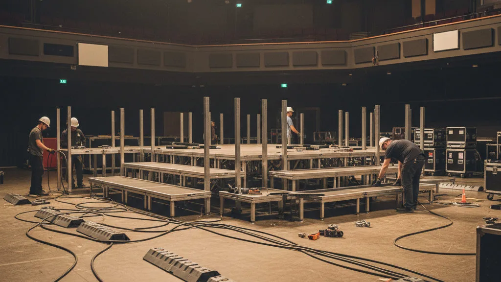 Stagehands bouwen podiumdelen en een drumriser op in een lege concertzaal, met kabelgoten en opgerolde kabels op de vloer