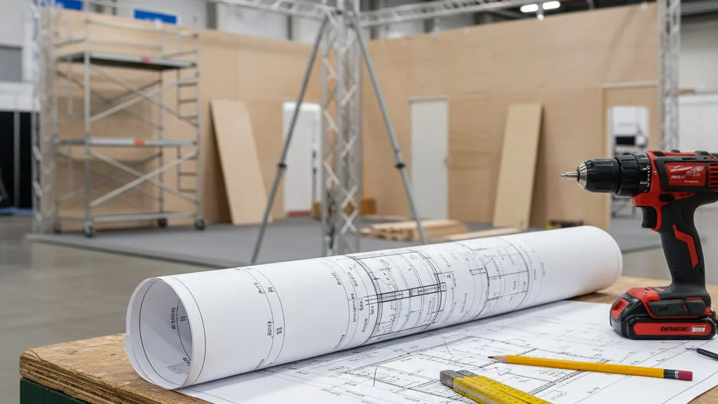 Technische standtekening uitgerold op een werktafel op de beursvloer met duimstok en boormachine ernaast
