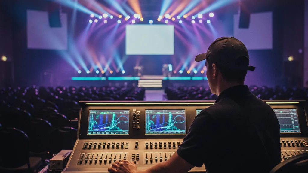 Technicus aan de licht- en geluidstafel achter in de evenementenhal