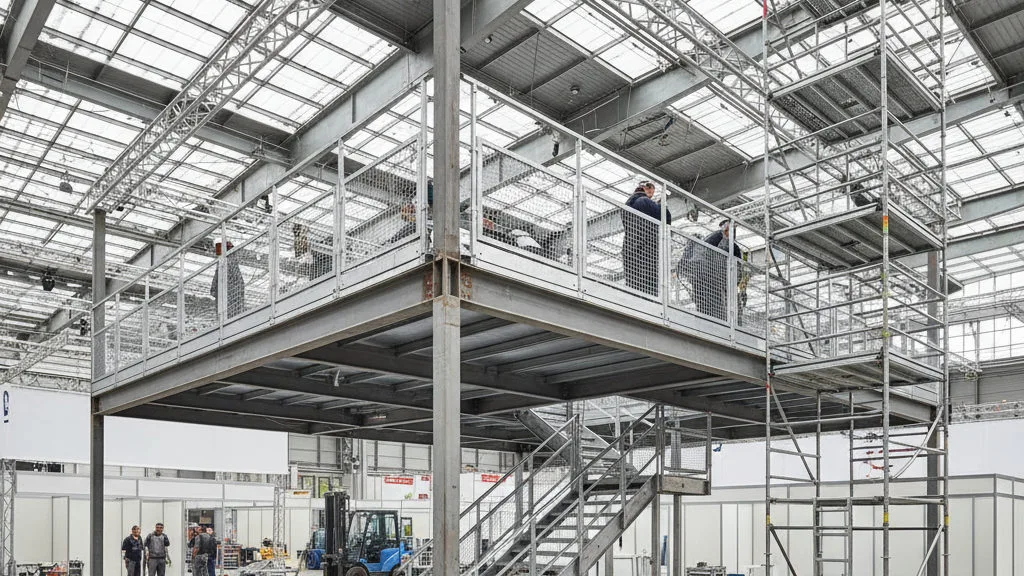 Verdiepingsstand in aanbouw met stalen constructie, trap en leuningen op de bovenverdieping