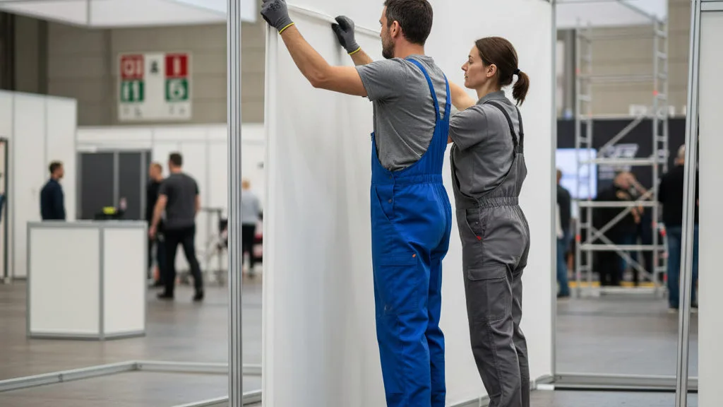 Twee monteurs spannen een blanco doek in het aluminium frame van een standwand tijdens de opbouw